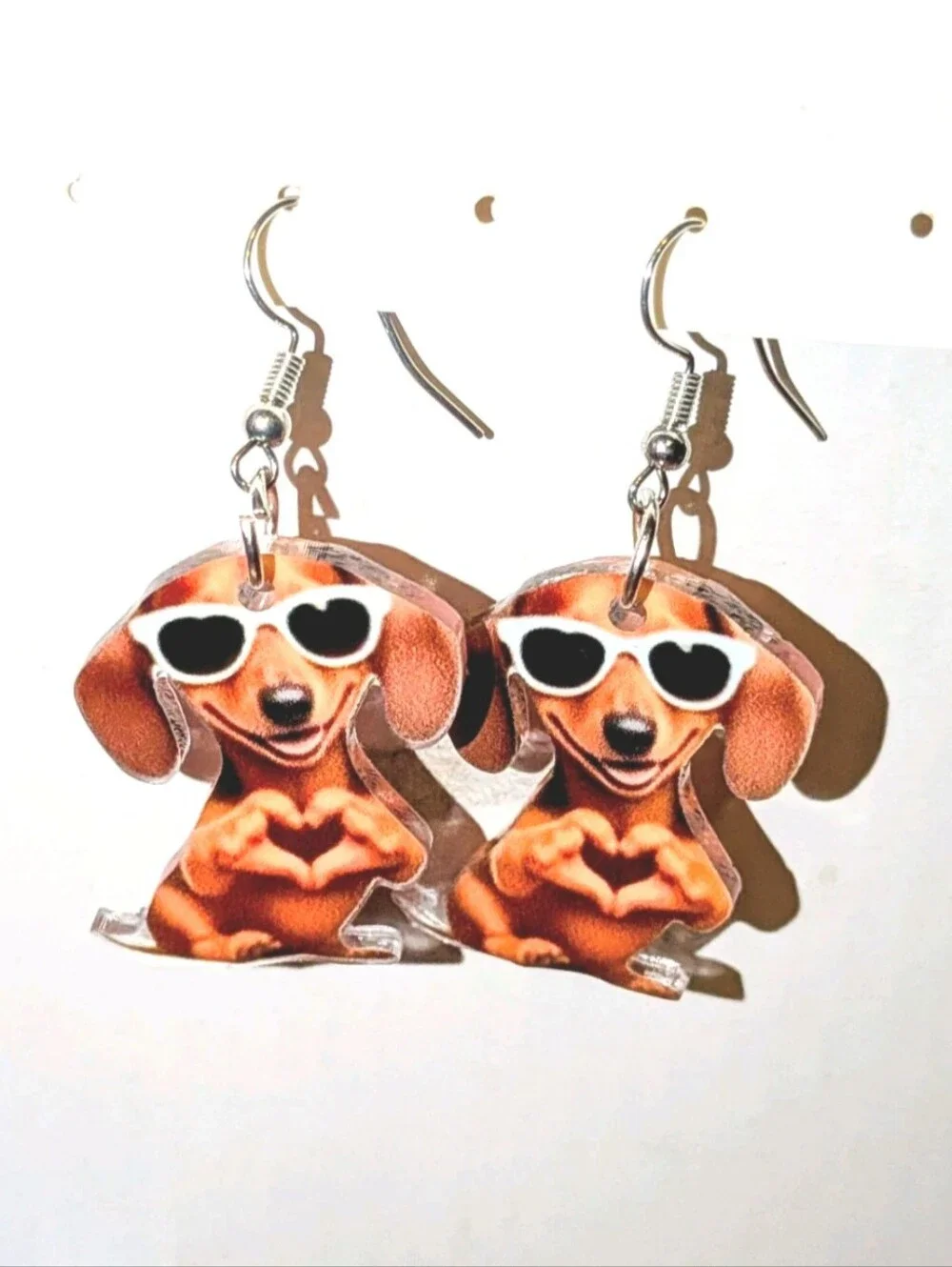 Hand Crafted Orange Dachshund Earrings with White Sunglasses